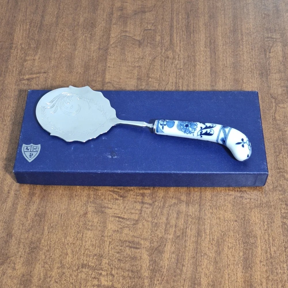 Vtg Sheffield Floraine SS Spoon Server Blue Floral Porcelain Handle England Box